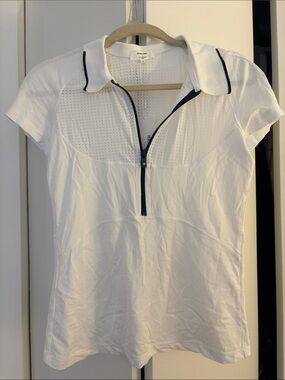 Veronica Beard x L’Etoile Sport White Short-Sleeve Zip Tennis Polo w Navy Trim